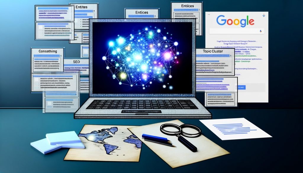 Visualisierung eines digitalen Schreibtisches mit Notizen zu Entitäten, SEO, Topic Clustern, leuchtenden Wissenslinien und einem Laptop mit geöffneter Google-Suche.