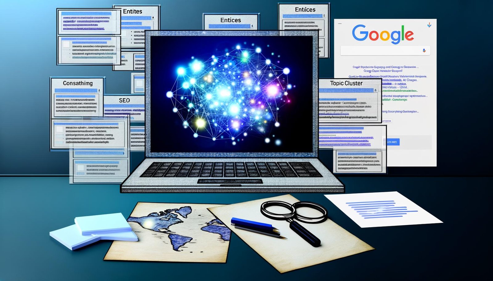 Visualisierung eines digitalen Schreibtisches mit Notizen zu Entitäten, SEO, Topic Clustern, leuchtenden Wissenslinien und einem Laptop mit geöffneter Google-Suche.