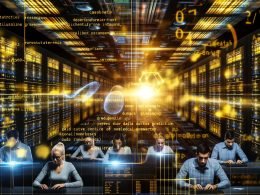 Data-Science-Team in moderner Arbeitskleidung arbeitet konzentriert an Bildschirmen mit Prognosekurven und neuronalen Netzen in einem leuchtenden, futuristischen Maschinenraum voller Datenströme und Server.