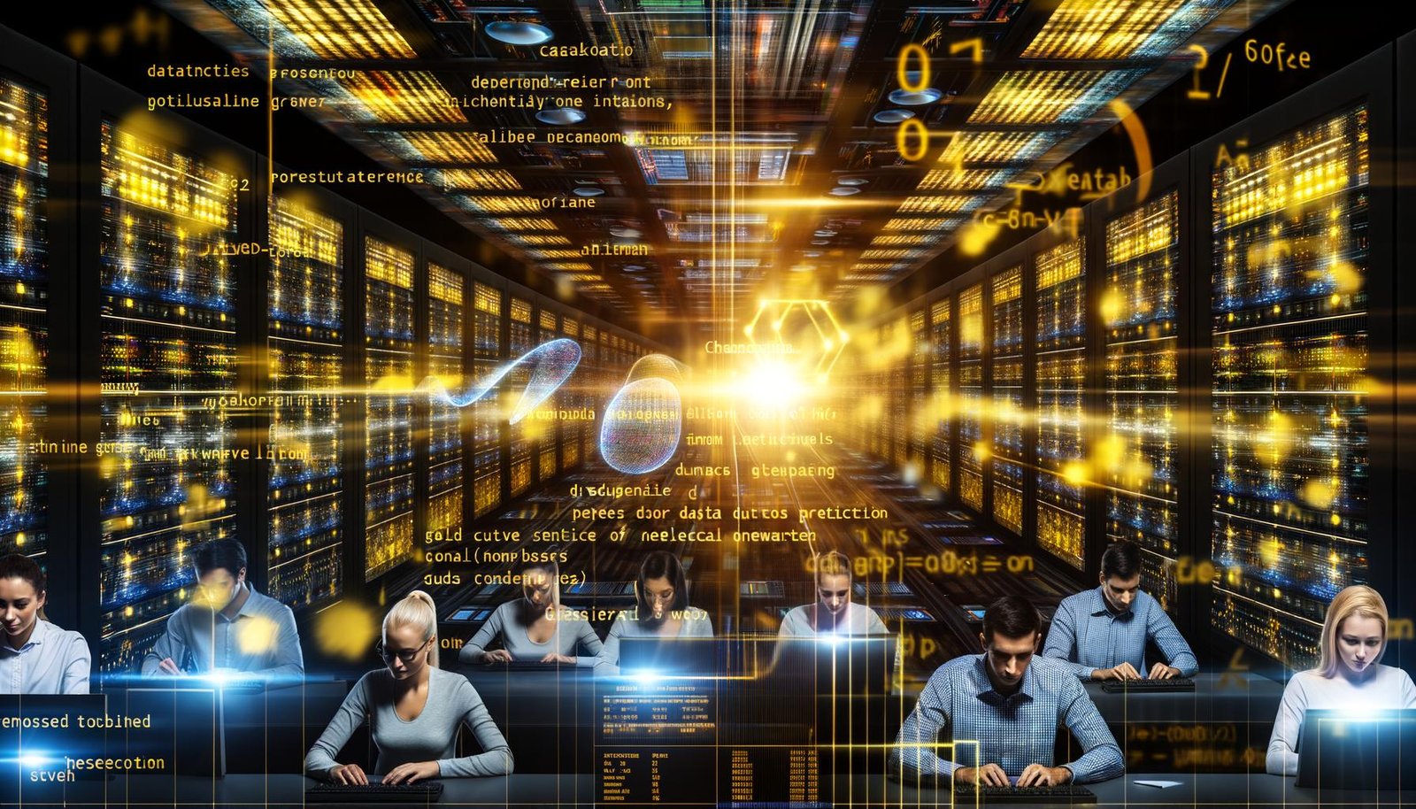 Data-Science-Team in moderner Arbeitskleidung arbeitet konzentriert an Bildschirmen mit Prognosekurven und neuronalen Netzen in einem leuchtenden, futuristischen Maschinenraum voller Datenströme und Server.