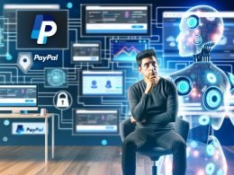 Solo-Unternehmer vor mehreren Bildschirmen mit modernen PayPal-Dashboards und transparent-blauem digitalen KI-Agenten in einem effizienten, automatisierten Büro.