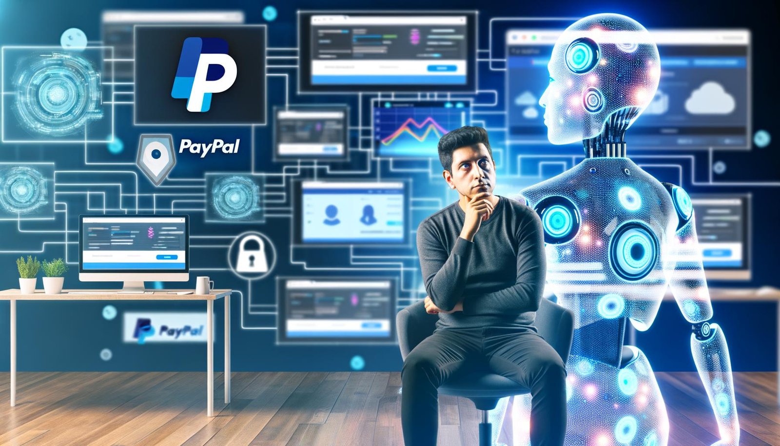 Solo-Unternehmer vor mehreren Bildschirmen mit modernen PayPal-Dashboards und transparent-blauem digitalen KI-Agenten in einem effizienten, automatisierten Büro.