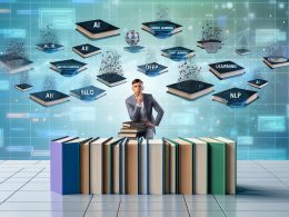 Futuristischer Arbeitsplatz mit schwebenden, transparenten Datendisplays zu KI und einer Person, die zwischen technischen Büchern und Marketingbroschüren jongliert, umgeben von Illustrationen neuronaler Netze und Datenströmen.