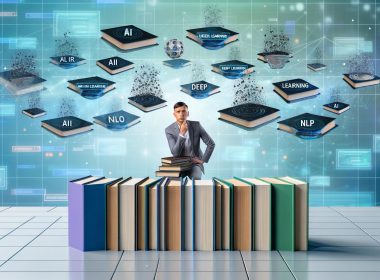 Futuristischer Arbeitsplatz mit schwebenden, transparenten Datendisplays zu KI und einer Person, die zwischen technischen Büchern und Marketingbroschüren jongliert, umgeben von Illustrationen neuronaler Netze und Datenströmen.