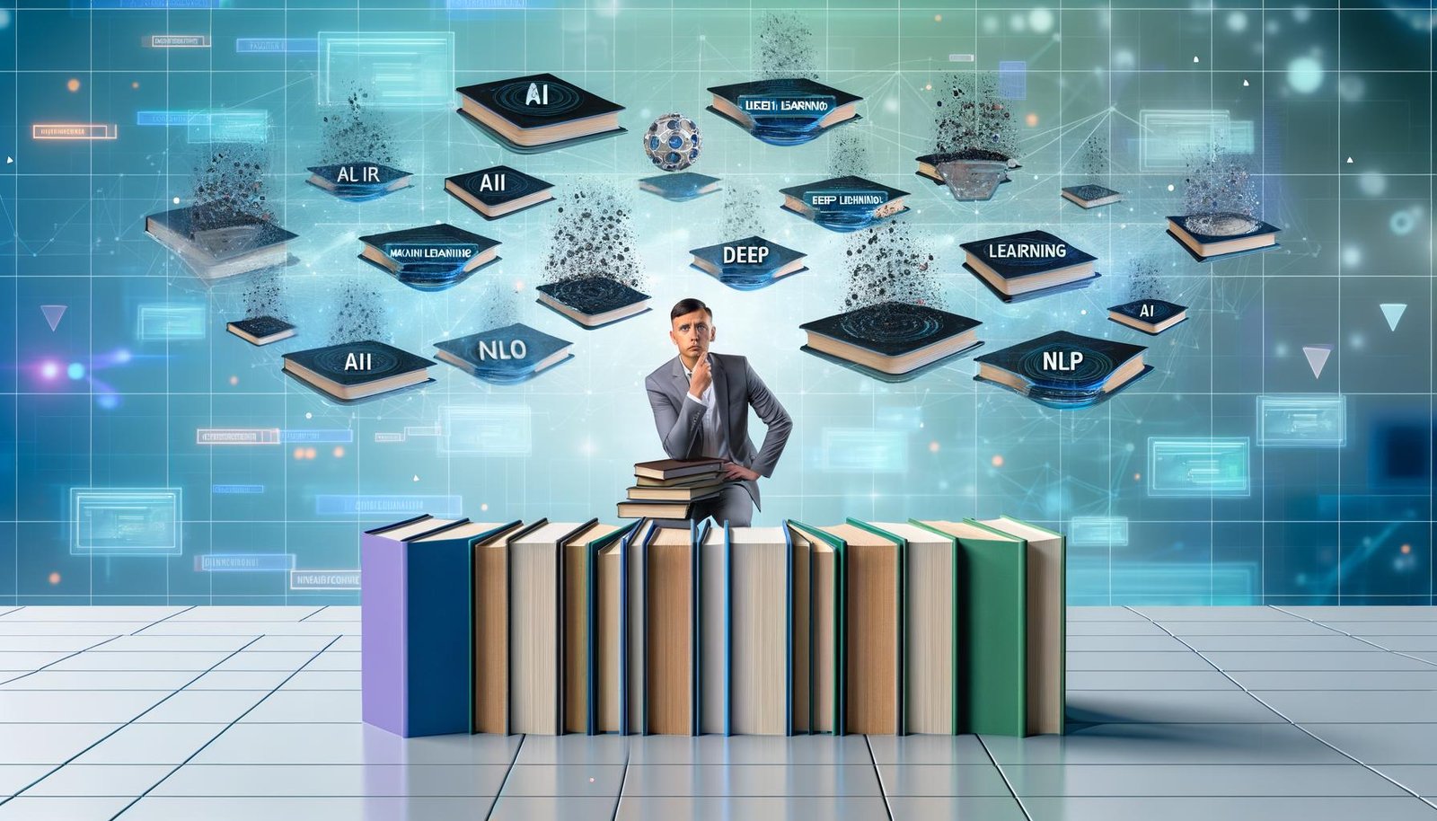 Futuristischer Arbeitsplatz mit schwebenden, transparenten Datendisplays zu KI und einer Person, die zwischen technischen Büchern und Marketingbroschüren jongliert, umgeben von Illustrationen neuronaler Netze und Datenströmen.