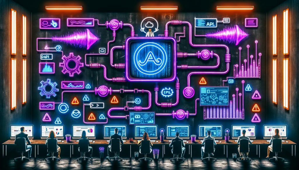 Illustration einer modernen Marketing-Abteilung im Maschinenraum-Stil mit Airbyte-Dashboard, leuchtenden Data-Pipelines, MarTech-Tools, API-Icons und nerdigen Details in Cyberpunk-Optik.