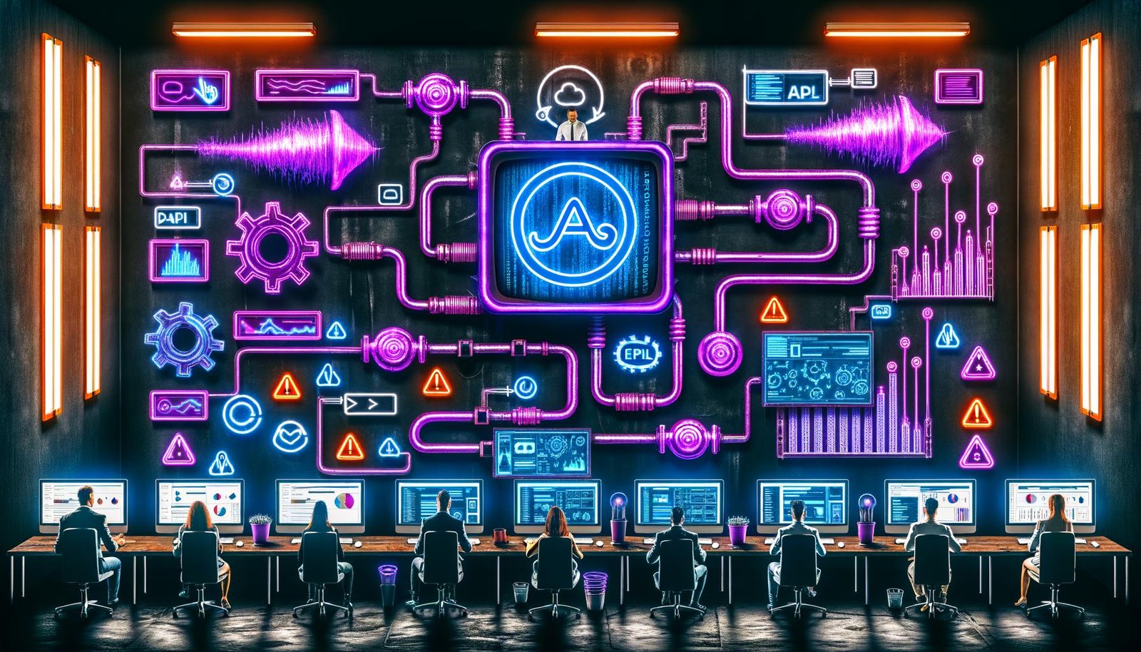 Illustration einer modernen Marketing-Abteilung im Maschinenraum-Stil mit Airbyte-Dashboard, leuchtenden Data-Pipelines, MarTech-Tools, API-Icons und nerdigen Details in Cyberpunk-Optik.