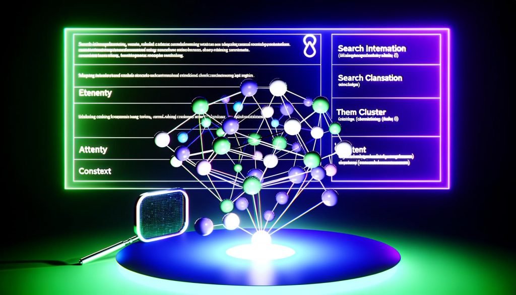 Futuristische Visualisierung einer komplexen Website-Struktur als leuchtendes semantisches Netzwerk, mit KI-Symbol und eingeblendeten SEO-Begriffen wie Suchintention und Themencluster.