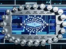 Digitales Flussdiagramm einer AI Content Pipeline mit leuchtenden Knotenpunkten, glühenden Datenströmen und technischen Symbolen auf blau-grauem futuristischem Hintergrund.