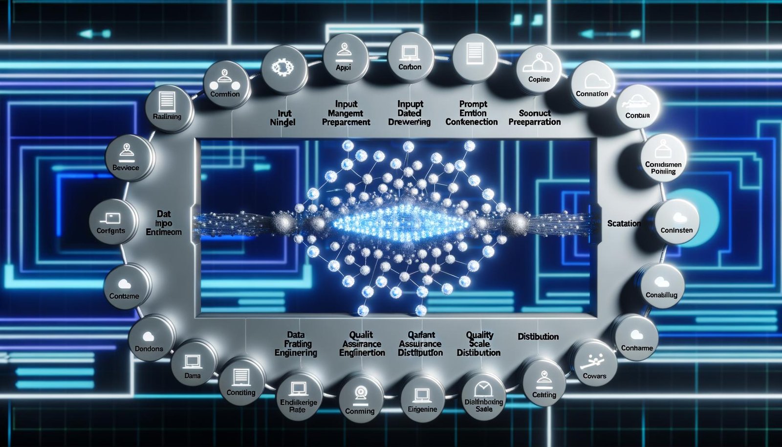 Digitales Flussdiagramm einer AI Content Pipeline mit leuchtenden Knotenpunkten, glühenden Datenströmen und technischen Symbolen auf blau-grauem futuristischem Hintergrund.