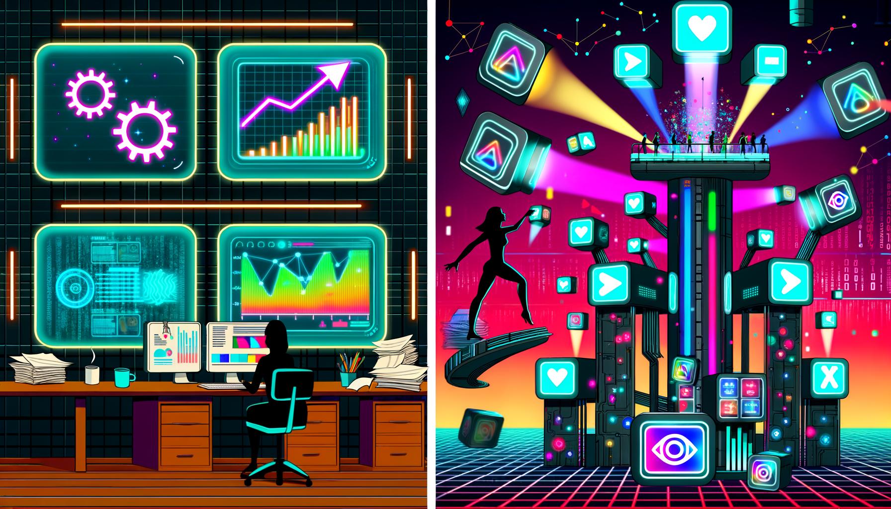 Illustrationen eines hochmodernen Tech-Büros und visueller Workflows: Creator am Arbeitsplatz zwischen KI-Software, riesigen Bildschirmen mit Videostatistiken und Tools wie Descript und Zapier. Plakative Darstellungen von Automatisierung, Plattform-Algorithmen und Performance-Dashboards.