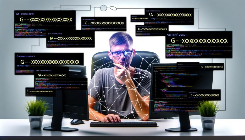 Illustration eines fokussierten Entwicklers vor digitalen Bildschirmen mit verschiedenen Analytics-IDs, Code und Browserfenstern, die die Verbindung zwischen Analytics-Tags und Datenquellen verdeutlichen.