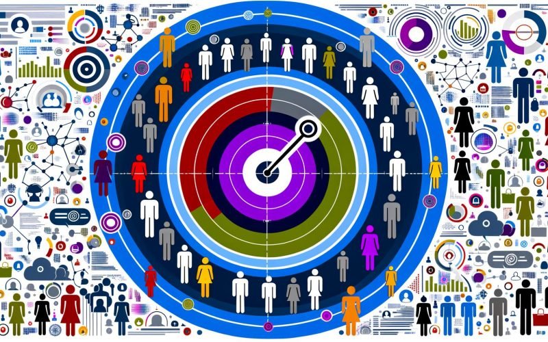 Moderne Illustration einer Zielscheibe mit farbigen Zielgruppen-Clustern, umgeben von diversen Menschenfiguren und digitalen Datensymbolen, die Zielgruppenanalyse im digitalen Marketing darstellen.