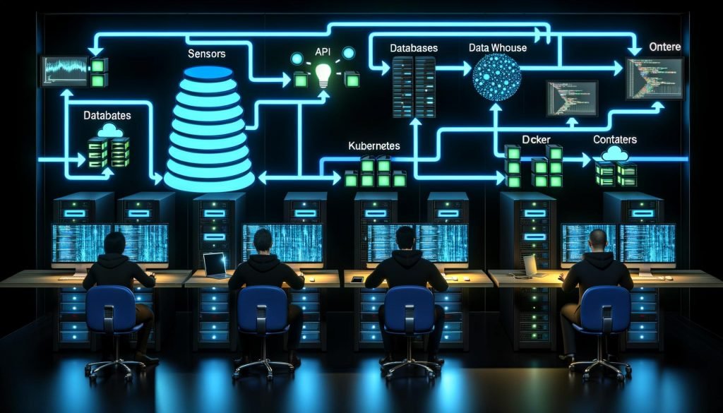 Illustration eines frustrierten deutschen Tech-Unternehmers im drögen Büro, umgeben von Papierbergen, Faxgeräten und alter Technik, mit moderner Technologie im Hintergrund eingeschränkt.