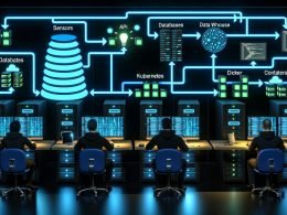 Illustration eines frustrierten deutschen Tech-Unternehmers im drögen Büro, umgeben von Papierbergen, Faxgeräten und alter Technik, mit moderner Technologie im Hintergrund eingeschränkt.