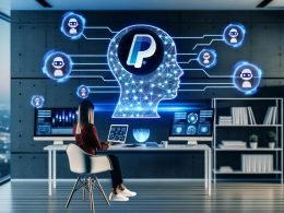 Futuristisches, minimalistisches Home-Office mit Unternehmer an Laptop, schwebenden KI- und PayPal-Icons sowie digitalen Displays mit Geschäftsdiagrammen und Chatbots.