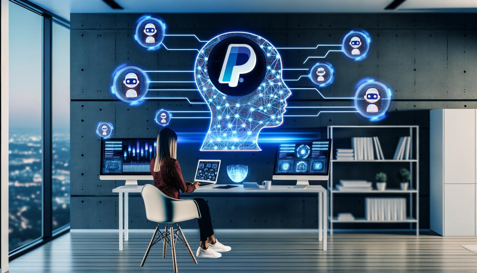 Futuristisches, minimalistisches Home-Office mit Unternehmer an Laptop, schwebenden KI- und PayPal-Icons sowie digitalen Displays mit Geschäftsdiagrammen und Chatbots.