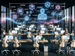 Futuristisches Großraumbüro mit Marketing-Teams, leuchtenden Datenströmen, KI-Algorithmen und interaktiven Robotern vor einer digitalen Skyline