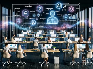 Futuristisches Großraumbüro mit Marketing-Teams, leuchtenden Datenströmen, KI-Algorithmen und interaktiven Robotern vor einer digitalen Skyline