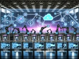 Industrielle Fertigungsstraße als digitale Content-Factory mit Roboterarmen, KI-Symbolen, API-Knoten, Überwachungsdashboards und Echtzeit-Datenflüssen.