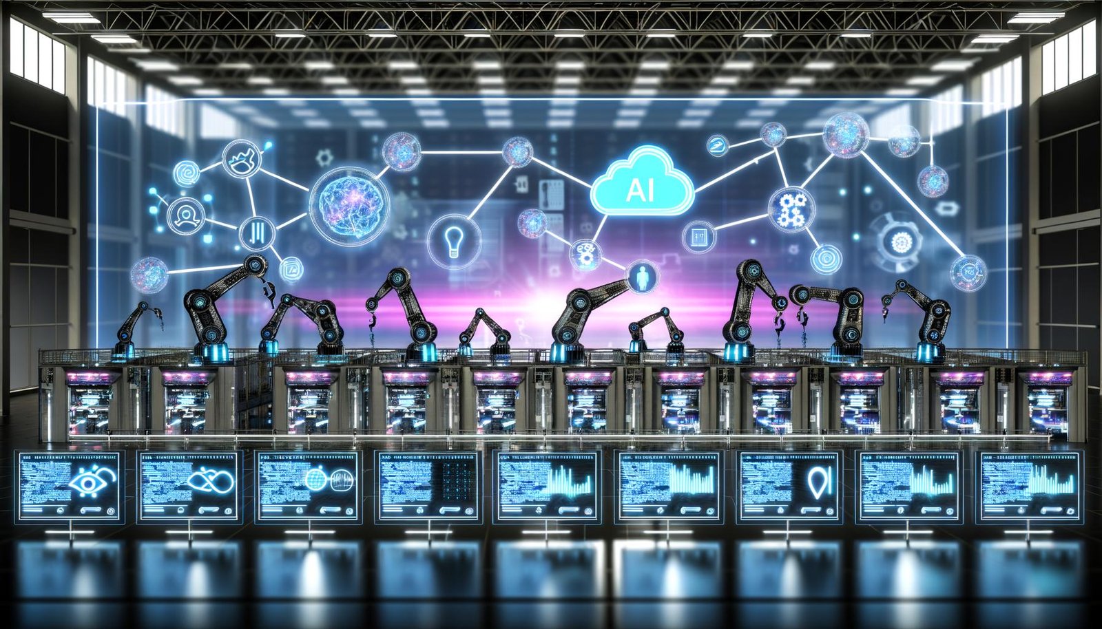 Industrielle Fertigungsstraße als digitale Content-Factory mit Roboterarmen, KI-Symbolen, API-Knoten, Überwachungsdashboards und Echtzeit-Datenflüssen.