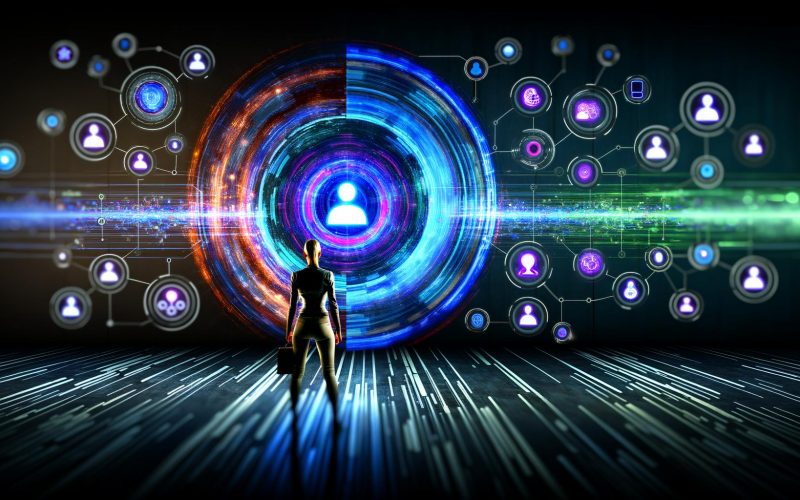 Futuristisch gekleideter Digitalmarketer vor digitaler Zielscheibe mit Datenströmen, Avataren und Visualisierungen auf blauem, neonfarbenem Hintergrund.