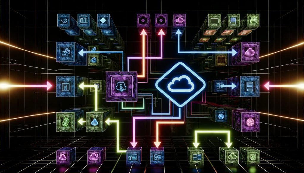 Moderner, dunkler Arbeitsplatz mit Computerbildschirmen, die Dashboards, Datenpipelines und Code anzeigen. Airbyte-Logo zentral als Microservices-Netzwerk mit optisch dargestellten Datenflüssen von Quellen zu Zielen.