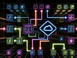 Moderner, dunkler Arbeitsplatz mit Computerbildschirmen, die Dashboards, Datenpipelines und Code anzeigen. Airbyte-Logo zentral als Microservices-Netzwerk mit optisch dargestellten Datenflüssen von Quellen zu Zielen.