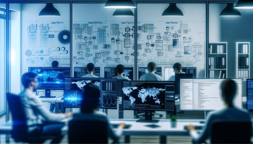 Offene Büroumgebung mit Mitarbeitenden vor Monitoren, auf denen komplexe Datenvisualisierungen, Data Pipelines und Machine Learning Grafiken zu sehen sind. Im Hintergrund Glaswände mit Skizzen von Algorithmen und Datenflüssen.