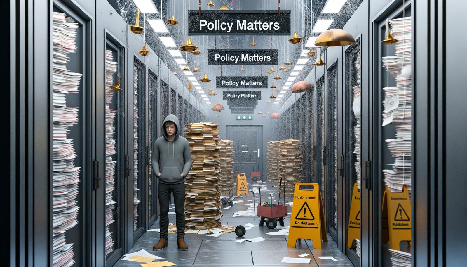 Junge Gründer in Hoodies stehen frustriert vor mit Papierstapeln gefüllter Flur, Bürokratiewarnschilder und geschlossene Türen, während alte Maschinen Preise erhalten und moderne Technik ignoriert wird.