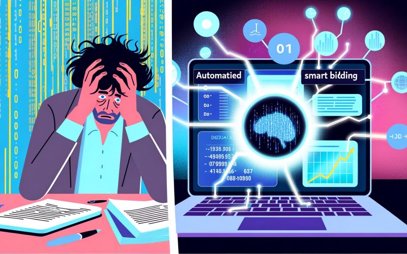 Links ein gestresster Werbemanager mit zerzausten Haaren vor unübersichtlichen Excel-Tabellen, rechts ein moderner Laptop mit funkelnden Datenströmen, abstrakten KI-Algorithmen und großem „Automated Bidding“-Button, umgeben von digitalen Anzeigen und dynamischen Statistiken.