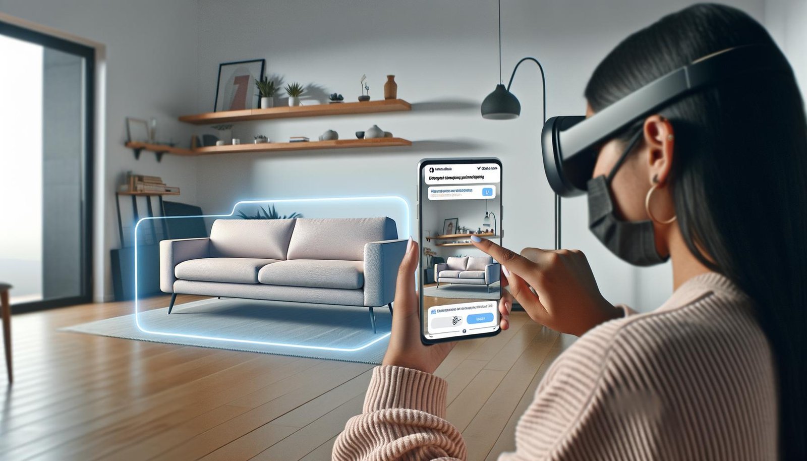 Junge Frau nutzt Smartphone für 3D-AR-Sofa-Projektion, modernes Wohnzimmer, dezentes Paypal-Logo, minimalistische Einrichtung