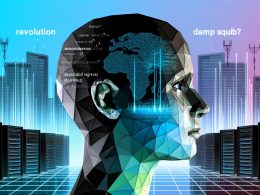 Modernes Magazin-Titelbild mit halb realistischem, halb digitalem Kopfprofil, darin integriert Datenströme und kulturelle Symbole, vor einer abstrahierten Skyline aus Technologie- und Wissenschaftselementen, farblich in kühlem Neonblau und Orange gehalten.