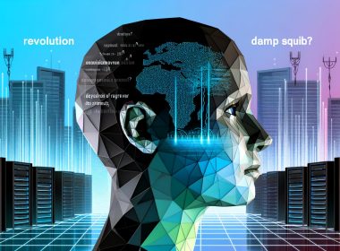 Modernes Magazin-Titelbild mit halb realistischem, halb digitalem Kopfprofil, darin integriert Datenströme und kulturelle Symbole, vor einer abstrahierten Skyline aus Technologie- und Wissenschaftselementen, farblich in kühlem Neonblau und Orange gehalten.