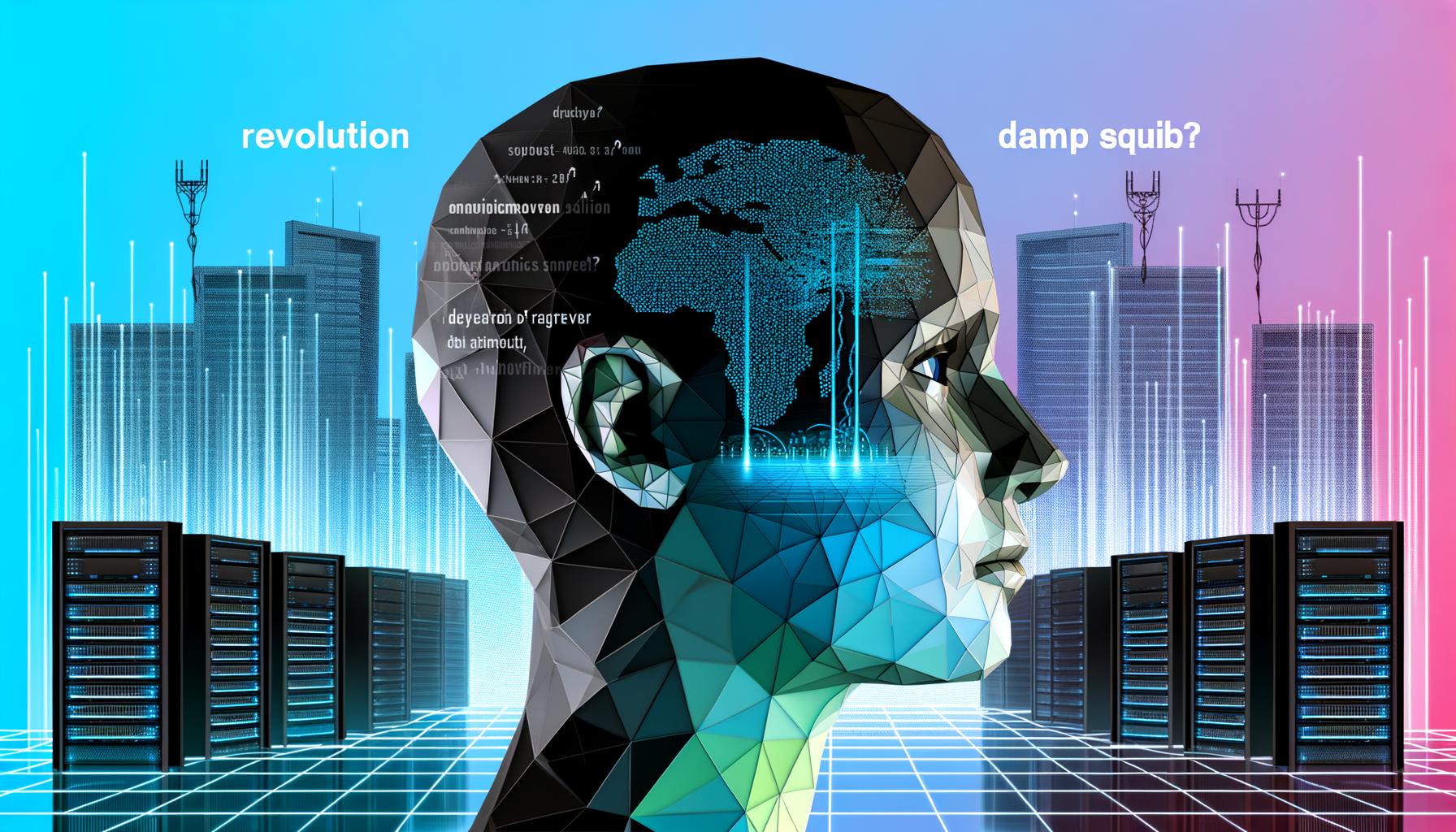 Modernes Magazin-Titelbild mit halb realistischem, halb digitalem Kopfprofil, darin integriert Datenströme und kulturelle Symbole, vor einer abstrahierten Skyline aus Technologie- und Wissenschaftselementen, farblich in kühlem Neonblau und Orange gehalten.