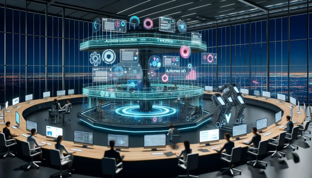 Futuristisches Großraumbüro mit Panoramafenstern bei Nacht, zentraler digitaler Schaltzentrale, transparenten KI-Bildschirmen und interaktiven holografischen Interfaces.