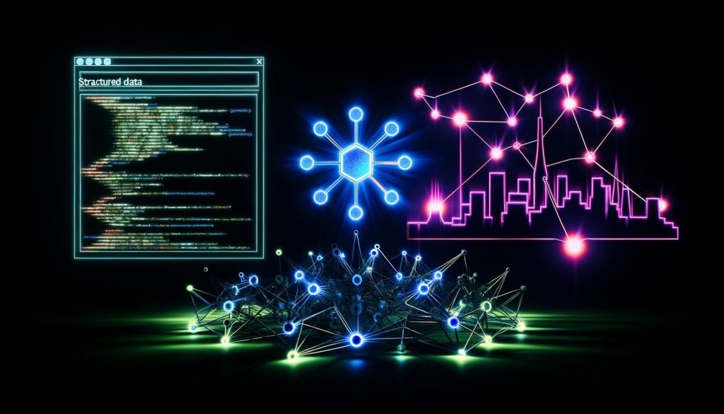 Digitales Netzwerk aus leuchtenden Knotenpunkten mit Verbindungen, überlagerte Structured Data Markups und schemenhafte Formen von Elon Musk, Tesla-Logo, Berliner Skyline und KI-Chip im technischen Neonstil auf dunklem Hintergrund.