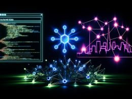 Digitales Netzwerk aus leuchtenden Knotenpunkten mit Verbindungen, überlagerte Structured Data Markups und schemenhafte Formen von Elon Musk, Tesla-Logo, Berliner Skyline und KI-Chip im technischen Neonstil auf dunklem Hintergrund.