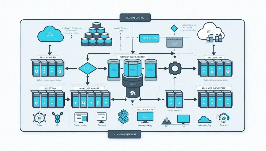 Technische Infografik zur Airbyte Workflow-Orchestrierung mit zentraler Engine, Worker-Containern auf Docker und Kubernetes, Scheduler, Temporal, Postgres, Redis sowie Echtzeit-Dashboards und API-Schnittstellen in minimalistischem Blau-Weiß-Stil.