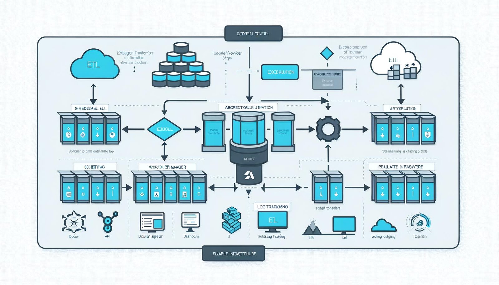 Technische Infografik zur Airbyte Workflow-Orchestrierung mit zentraler Engine, Worker-Containern auf Docker und Kubernetes, Scheduler, Temporal, Postgres, Redis sowie Echtzeit-Dashboards und API-Schnittstellen in minimalistischem Blau-Weiß-Stil.
