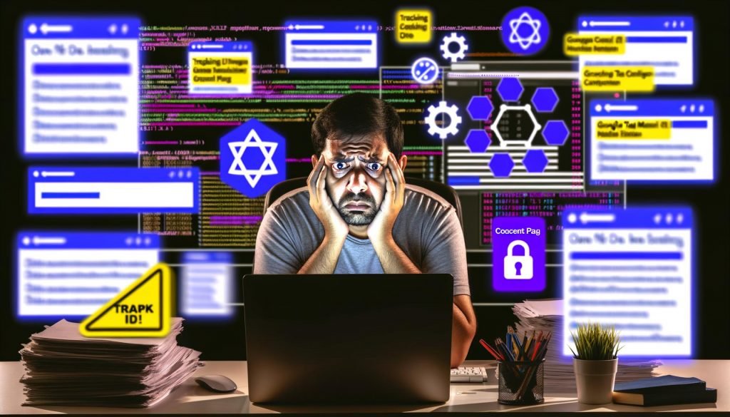 Gestresster Online-Marketer vor Monitoren mit Analytics-Dashboards, Tracking-IDs, Consent-Bannern und Framework-Icons, mit chaotischen Datenströmen im Hintergrund.