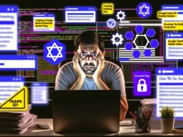 Gestresster Online-Marketer vor Monitoren mit Analytics-Dashboards, Tracking-IDs, Consent-Bannern und Framework-Icons, mit chaotischen Datenströmen im Hintergrund.