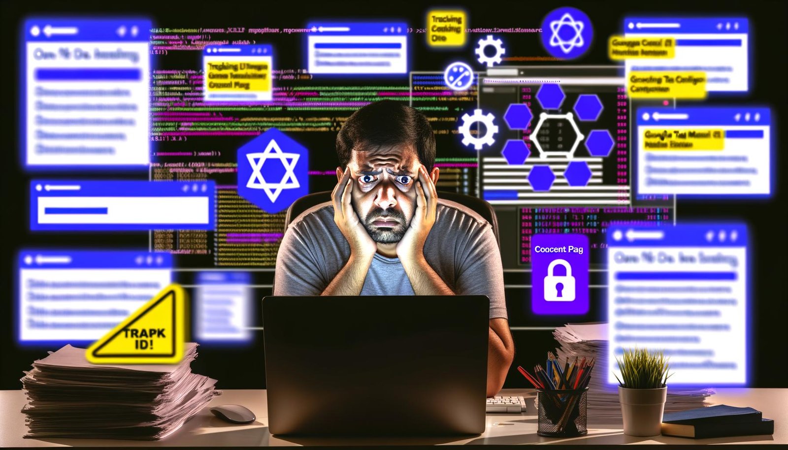 Gestresster Online-Marketer vor Monitoren mit Analytics-Dashboards, Tracking-IDs, Consent-Bannern und Framework-Icons, mit chaotischen Datenströmen im Hintergrund.