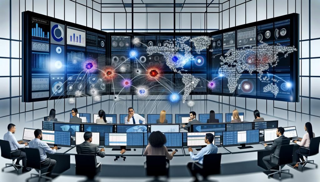 Futuristischer Kontrollraum mit großen, schwebenden Bildschirmen und Fachleuten, die gemeinsam an datengetriebenen Analysen und Machine Learning-Visualisierungen arbeiten.
