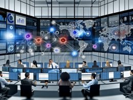 Futuristischer Kontrollraum mit großen, schwebenden Bildschirmen und Fachleuten, die gemeinsam an datengetriebenen Analysen und Machine Learning-Visualisierungen arbeiten.