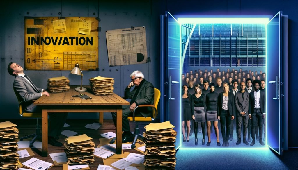 Symbolische Szene eines deutschen Büros: Älterer Entscheider am Tisch umgeben von Förderanträgen, junge Start-up-Gründer stehen vor Glastür mit dem Wort 'DISRUPTION', kontrastreiche Lichtverhältnisse.