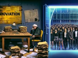 Symbolische Szene eines deutschen Büros: Älterer Entscheider am Tisch umgeben von Förderanträgen, junge Start-up-Gründer stehen vor Glastür mit dem Wort 'DISRUPTION', kontrastreiche Lichtverhältnisse.