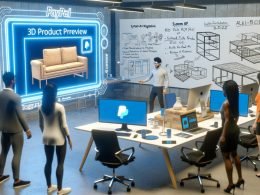 Ein modernes E-Commerce-Office mit Tech-Lead, der am Touchscreen die AR-Integration eines Möbelstücks via PayPal Widget demonstriert, umgeben von Whiteboards mit Systemarchitekturen und Monitoren mit 3D-Dateiformaten.