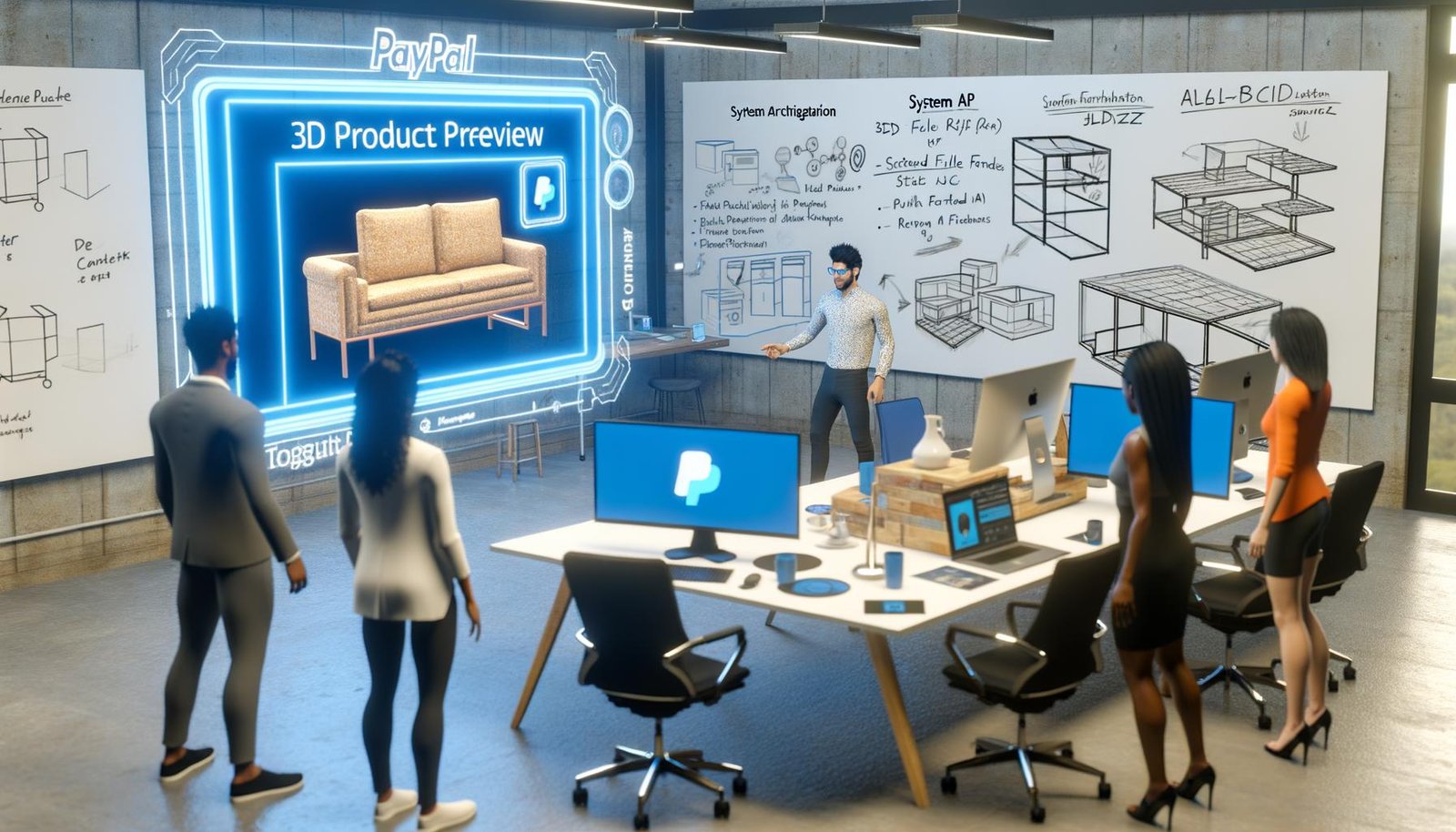 Ein modernes E-Commerce-Office mit Tech-Lead, der am Touchscreen die AR-Integration eines Möbelstücks via PayPal Widget demonstriert, umgeben von Whiteboards mit Systemarchitekturen und Monitoren mit 3D-Dateiformaten.