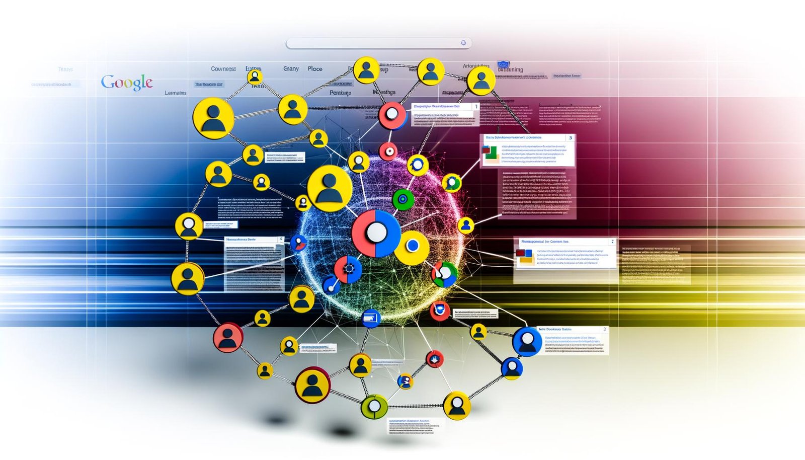 Moderne Infografik eines dreidimensionalen Knowledge Graph mit Markenlogos, Porträts, Orts- und Produkticons, umgeben von Google-Suchfeld und SERP-Elementen im technischen Stil.